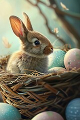 Wall Mural - A bunny rabbit sits in a nest filled with Easter eggs.