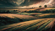Illustration-farming landscape,fields  represents the farming industry,wheat crops,nature and arable land