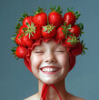 Laughing girl wearing a hat adorned with fresh strawberries over minimal background