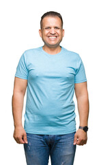 Wall Mural - Middle age arab man wearing blue t-shirt over isolated background with a happy and cool smile on face. Lucky person.