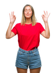 Poster - Young beautiful woman over isolated background relax and smiling with eyes closed doing meditation gesture with fingers. Yoga concept.