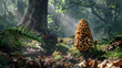 Edible morel in a forest scenery.