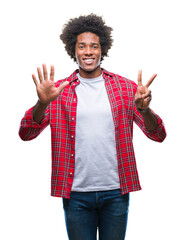 Poster - Afro american man over isolated background showing and pointing up with fingers number seven while smiling confident and happy.