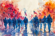 Watercolor painting of soldiers marching with flags, evocative of Memorial Day remembrance.