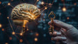 Conceptual image of a human hand holding a key with a shiny brain, symbolizing unlocking potential or knowledge