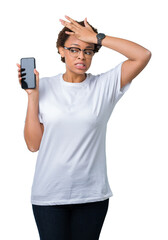 Sticker - Young african american woman showing smartphone screen over isolated background stressed with hand on head, shocked with shame and surprise face, angry and frustrated. Fear and upset for mistake.