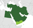 Light green detailed blank political map of YEMEN with black borders on gray continent background and white sea surfaces using orthographic projection of dark green Middle East