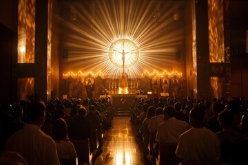 Wall Mural - Devotees in Eucharistic Adoration at a Catholic Church