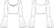 flared ruffled drop shoulder bell long sleeve curved deep sweetheart neck cropped crop blouse top t-shirt template technical drawing flat sketch cad mockup fashion woman design style model
