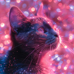 Wall Mural - A cat with blue eyes is sitting on a bed with pink sparkles. The cat appears to be looking at the camera, and the pink sparkles give the image a whimsical and playful mood