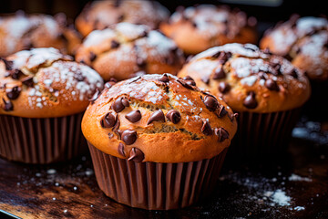 Wall Mural - Homemade muffins with chocolate on top of the wooden table.