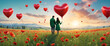 Valentines day. Couple with heart shaped balloons outdoors