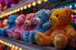 Row of Colorful Teddy Bears at Carnival Booth