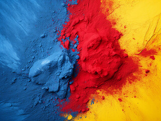 Poster - Blue and red powder mixture on yellow backdrop, abstract texture