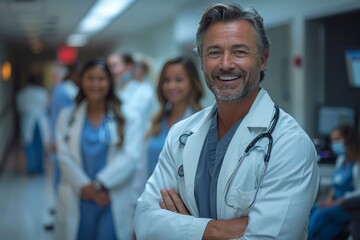 Wall Mural - Happy healthcare professionals led by a smiling doctor.