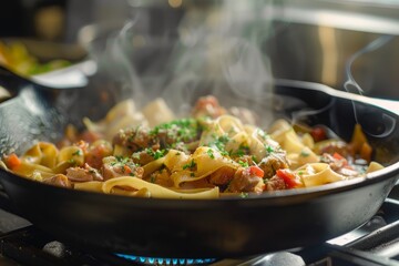 Wall Mural - A cast iron skillet filled with pasta and meat cooking on a stove