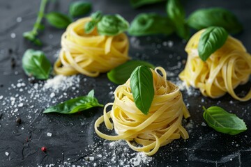 Wall Mural - A close-up view of a plate of pasta with fresh basil leaves arranged diagonally for a visually appealing presentation