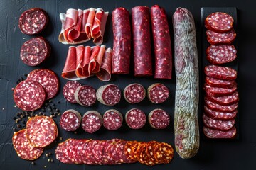 Wall Mural - Various cuts and slices of Spanish dry cured salamis displayed on a black background in a commercial photography setting