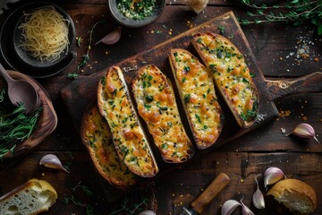 Wall Mural - A wide shot of freshly baked bread topped with melted cheese and herbs on a wooden cutting board