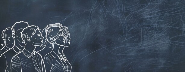 Wall Mural - A group of people standing next to each other in a simple line art drawing on a chalkboard background in a minimalistic design businesspeople with faces in profile view in of a doodle Generative AI