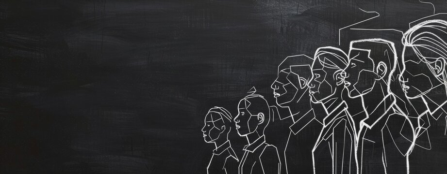 A group of people standing next to each other in a simple line art drawing on a chalkboard background in a minimalistic design businesspeople with faces in profile view in of a doodle Generative AI