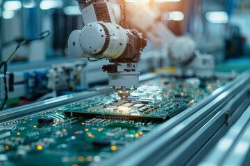 Poster - Robotic arm assembling circuit boards in a technology manufacturing setting
