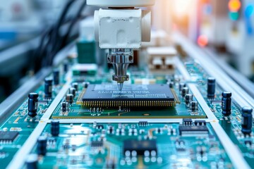 Poster - Robotic arm in manufacturing assembling circuit board in technology factory