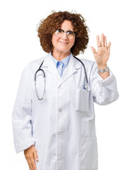 Poster - Middle ager senior doctor woman over isolated background Waiving saying hello happy and smiling, friendly welcome gesture