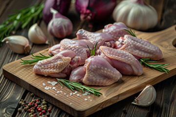 Wall Mural - Raw chicken wings on wooden cutting board with rosemary garlic salt and pepper