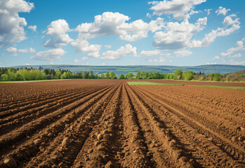 Wall Mural - Furrows. Agricultural field on which grow up potatoes