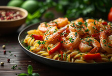 Delicious Hot Pasta With Shrimps And Vegetables On Wooden Table