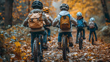 Two adventurous youngsters pedal their bicycles through the colorful autumn forest, their wheels kicking up leaves as they navigate the winding path with their trusty helmets on