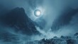 An intense solar eclipse over a rugged mountain range creates a phenomenal scene with dramatic contrast and a sense of awe