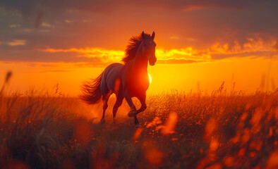 Beautiful red horse runs gallop on the field with yellow flowers on sunset background