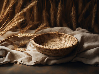 Wall Mural - Textured setting highlights woven straw material with organic shades