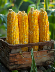 Wall Mural - Corn in wooden box. A four ears of corn are shown in small wooden basket