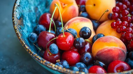 Wall Mural - A bowl of fresh summer fruits, including berries, peaches, and cherries, is displayed up close.