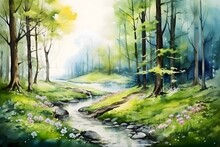 A Wonderful Landscape Of A Summer Forest With A Stream In Watercolor Style. Nature