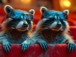 two raccoons in glasses are sitting on red box