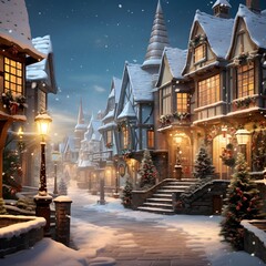 Wall Mural - Snowy winter city street at night. Christmas time. 3d rendering