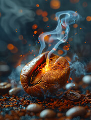 Poster - Roasted coffee beans with smoke and flames on black background