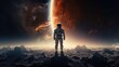 An astronaut stands on a rocky planet against the backdrop of a fiery planet. . The stage has a dark orange-red color scheme.