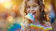 A happy young girl in Virginia enjoys a colorful rainbow ice cream cone.