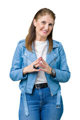 Sticker - Beautiful middle age mature woman wearing fashion leather jacket over isolated background Hands together and fingers crossed smiling relaxed and cheerful. Success and optimistic