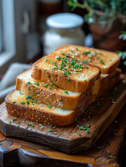 Wall Mural - Toast bread with herbs and spices on wooden board