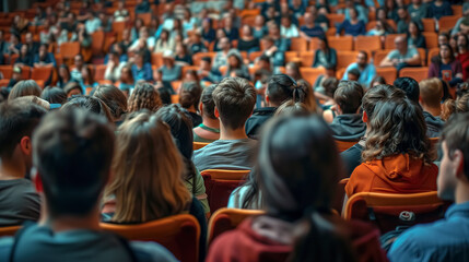 large group of diverse student seated in auditorium hall on orange seats attending lecture education