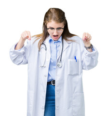 Poster - Middle age mature doctor woman wearing medical coat over isolated background Pointing down with fingers showing advertisement, surprised face and open mouth