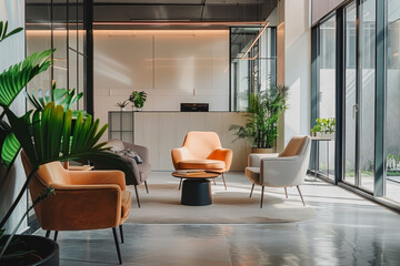 Poster - A room with a lot of chairs and a table with a vase on it