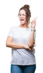 Sticker - Beautiful young brunette curly hair girl wearing glasses over isolated background smiling with happy face winking at the camera doing victory sign. Number two.