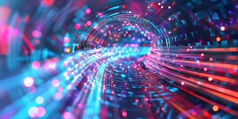Fototapete - Data in Motion: Glowing Fiber Optic Cables Twisting Through Cyberspace, Signifying High-Speed Information Transfer, Generative AI